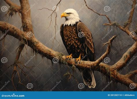 Bald Eagle Perched On A Tree Branch Staring Intently Stock