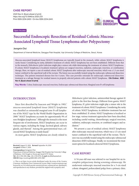 Pdf Successful Endoscopic Resection Of Residual Colonic Mucosa Associated Lymphoid Tissue