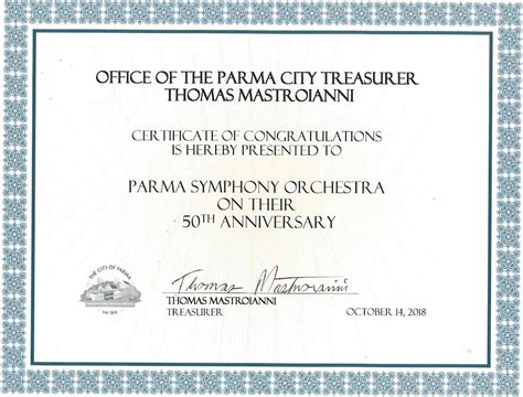 Certificates — Parma Symphony Orchestra