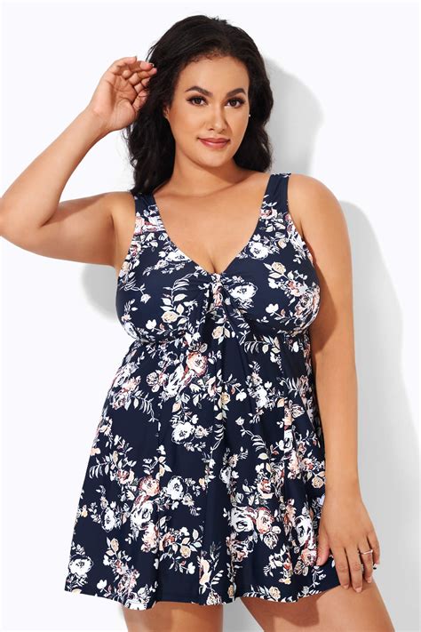 Dusty Blue Floral Print V Neck Swimdress Meet Curve Meet Curve