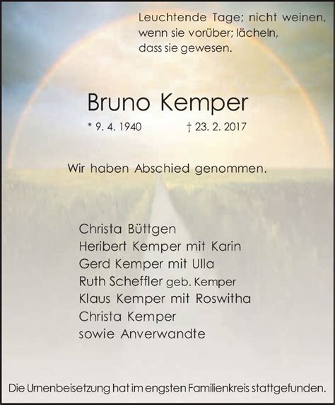 Traueranzeigen Von Bruno Kemper Trauer In Nrw De