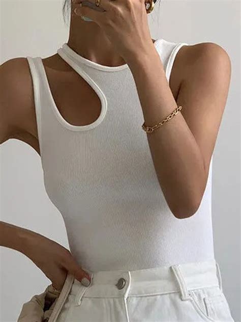 Emmiol Free Shipping Asymmetric Cutout Crop Tank Top White L In