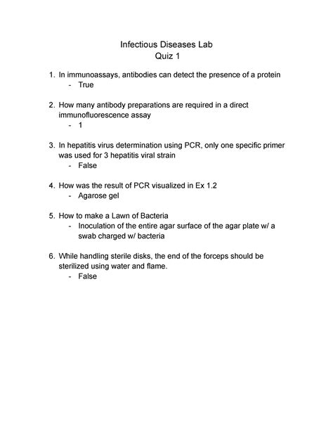 Infectious Diseases Lab Quiz 1 Infectious Diseases Lab Quiz 1 In