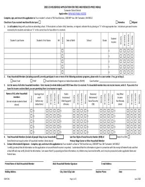 Fillable Online Household Application For Free And Reduced