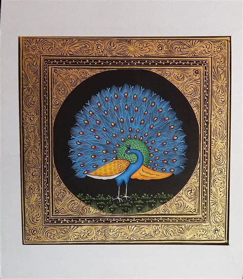 Indian Miniature Painting Of Peacock On Black Silk With Fine Gold