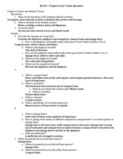 Study Questions Chapters 6 And 7 Bones And Skeletal Tissues