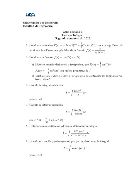 Guía semana 1 Cálculo Integral UDD 2023 2 Universidad del Desarrollo