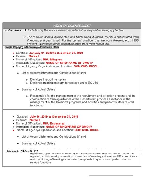 Work Experience Sheet Csc Form 212 Pdf Business Employment