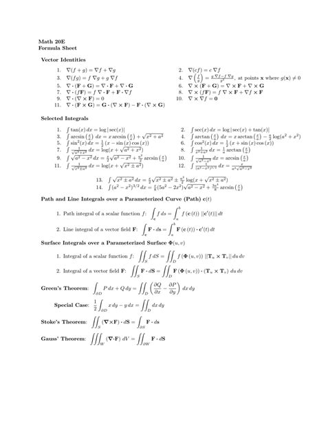 Math 20e Formula Sheet Download Printable Pdf Templateroller