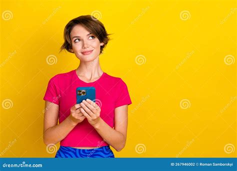 Photo Of Pretty Dreamy Woman Dressed Pink T Shirt Chatting Modern