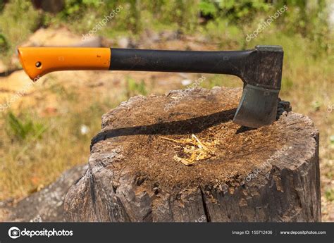 Axe in stump. Axe ready for cutting timber.Woodworking tool. Lumberjack ...