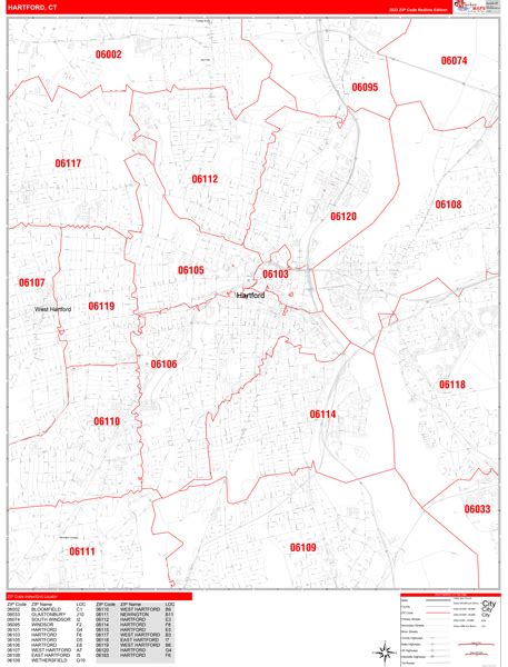 hartford connecticut zip code wall map red  style  marketmaps