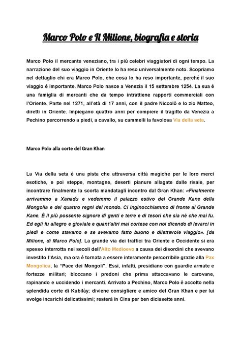 Marco Polo - sintesi | Schemi e mappe concettuali di Storia | Docsity