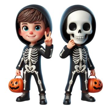 3d Spooky Skeleton Costume For Kids During Halloween On Transparent Background, Spooky Skeleton ...