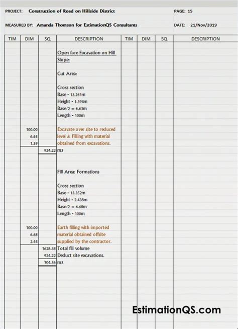 Two-Leaved Standard Dimension Paper / Quantity Takeoff Sheet for ...