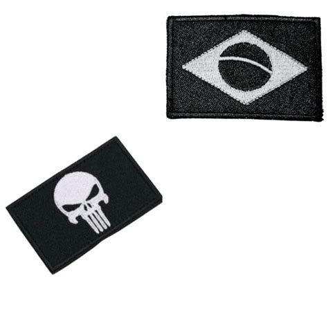 Kit Patch Bordado Caveira Justiceiro Bandeira Do Brasil Negativo