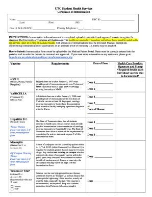 Fillable Online UTC Immunization Form The University Of Tennessee At