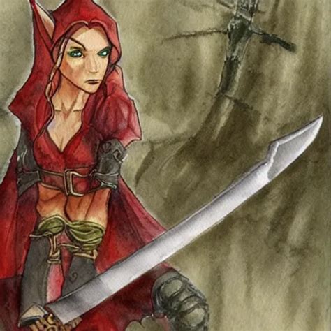 A Female Elf Holding A Sword A Watercolor Painting By Stable