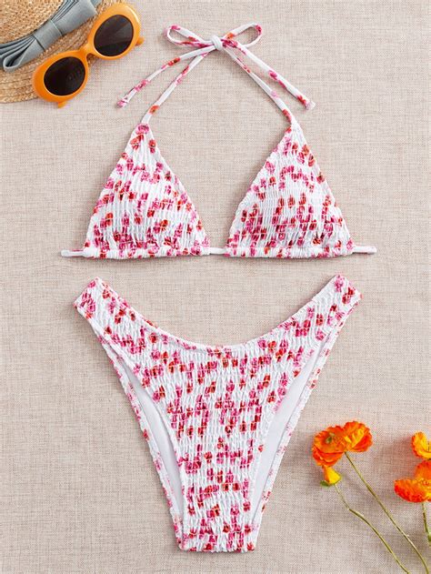 Floral Smocked Triangle Bikini Swimsuit Dapparel Store