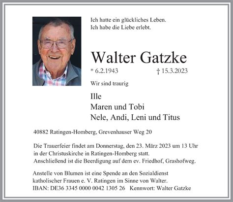 Alle Traueranzeigen F R Walter Gatzke Trauer Rp Online De