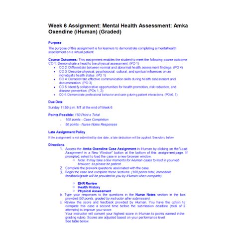 Nr 305 Week 6 Assignment Mental Health Assessment Amka Oxendine Ihuman Graded Course Resources