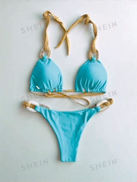 SHEIN Swim Vcay Corrente Ligada Maiô Bikini Triângulo SHEIN Brasil