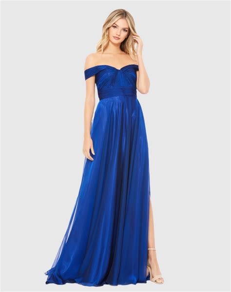 Off The Shoulder Ruched A Line Gown Mac Duggal