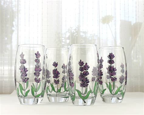 Hand Painted Glasses Lavender Glasses Floral Tumblers Water Etsy