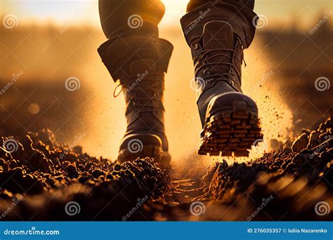 Feet In Farm Boots Walk Across A Plowed Field At Sunset Ai Generated Stock Image Image Of