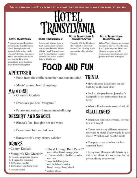 The Menu For Hotel Transsyvania