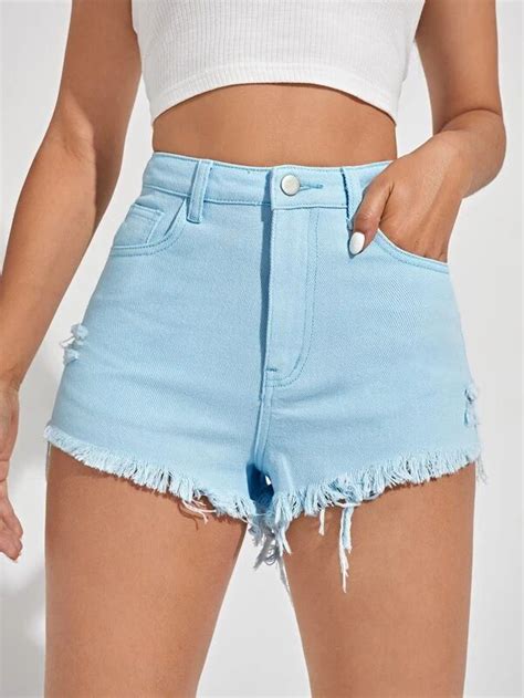 Botão Bolso Zíper Desbotado Simples Short Jeans SHEIN Brasil Shorts