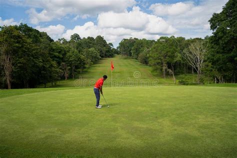 Golfista Poniendo Bola En La Bengala De Lente De Golf Verde En El