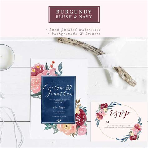 Burgundy Blush Navy Watercolor Backgrounds 5x7 Floral Borders