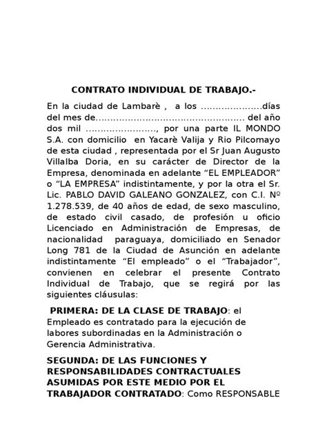 Modelo De Contrato Laboral Salario Derecho Laboral