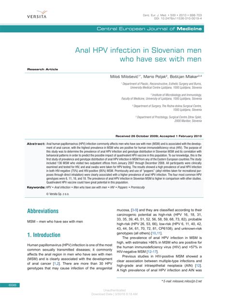 Pdf Anal Hpv Infection In Slovenian Men Who Have Sex With Men