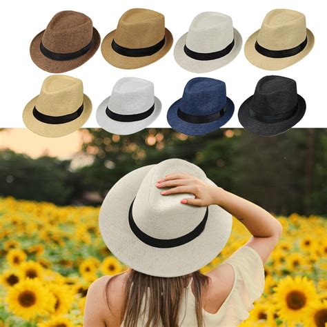 Unisex Summer Straw Fedora Hat Trilby Cuban Sun Hat Cap Panama Short Brim Floral Mens Ladies