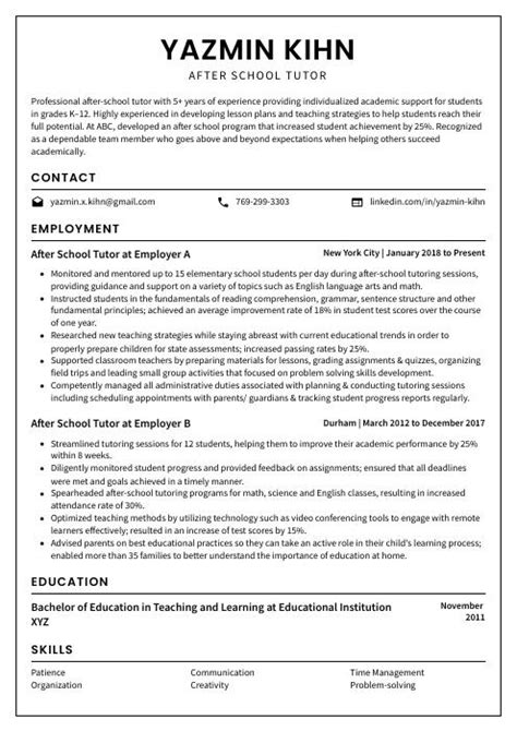 After School Tutor Resume Cv Example And Writing Guide