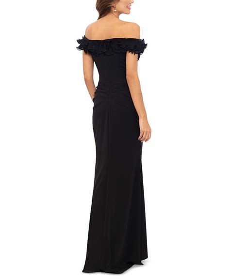 Xscape Womens Scuba Crepe Ruffled Off The Shoulder Fit And Flare Gown