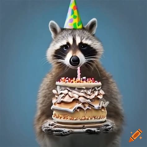 Raccoon With Party Hat And Birthday Cake