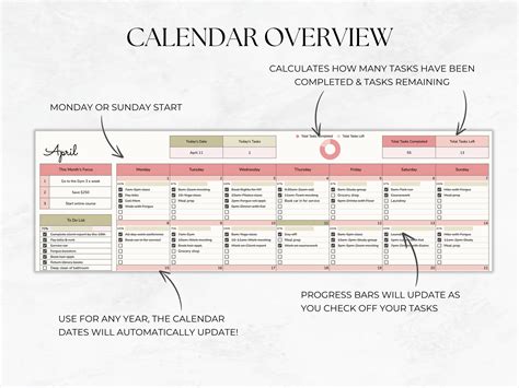 Monthly Calendar Template Google Sheets, Task Tracker, Daily Calendar ...