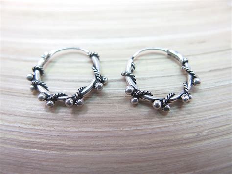 12mm Balinese Bead Hoop Earrings In 925 Sterling Silver Dragonfly Oxidized 925 Sterling Silver