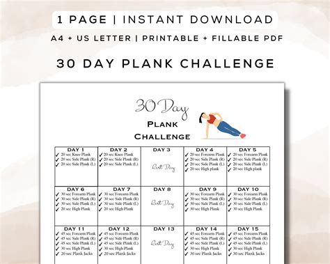 30 Day Plank Challenge Workout Plan Printable Fillable PDF Fitness ...