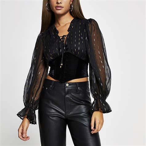 Black Long Sleeve Corset Lurex Blouse Top River Island