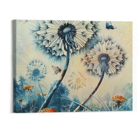 Bciig Abstract Blue Dandelion With Dragonfly Canvas Wall Art Decor