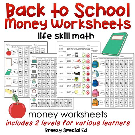 Back To School Life Skill Money Math Budget Worksheets For Special E Breezy Special Ed