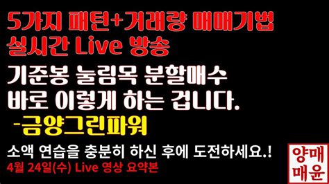 주식 4월 24일 수 주도주 단타매매 Live 5가지패턴 거래량 기준봉 눌림목 공략의정석 금양그린파워 YouTube