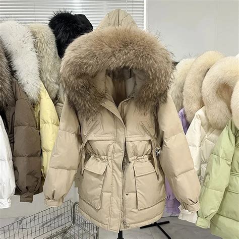 Frauen Pelz Faux Echt Waschb Ren Mantel Kurze Puffer Jacke Frauen