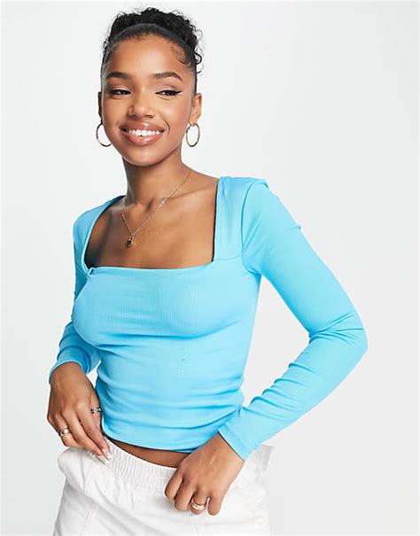 Stradivarius Seamless Ribbed Square Neck Long Sleeve Top In Blue Asos