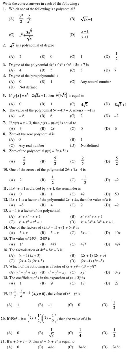 Polynomials Worksheet Grade 9 Cbse