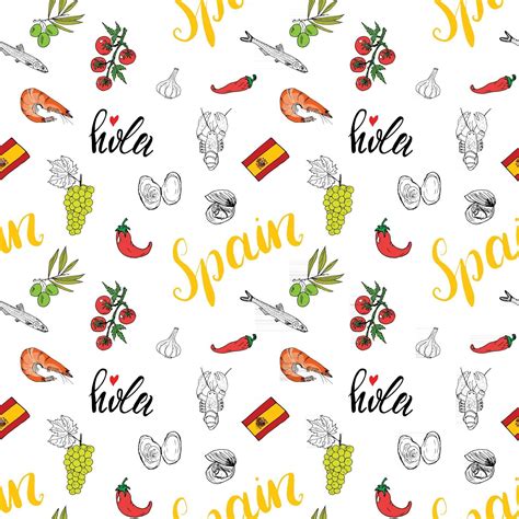 Spain Seamless Pattern Doodle Elements Hand Drawn Sketch Spanish Food